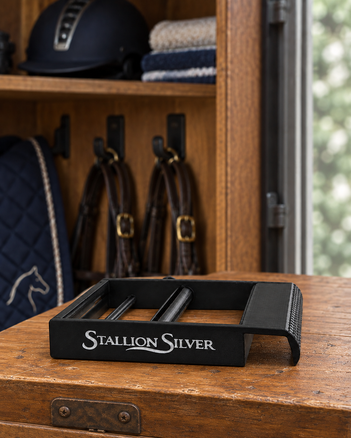 Black wrap roller on a wooden tack trunk